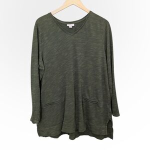J Jill Tunic Top Olive Green Long Sleeve Shirt Slub Knit Cotton Pockets Size XL